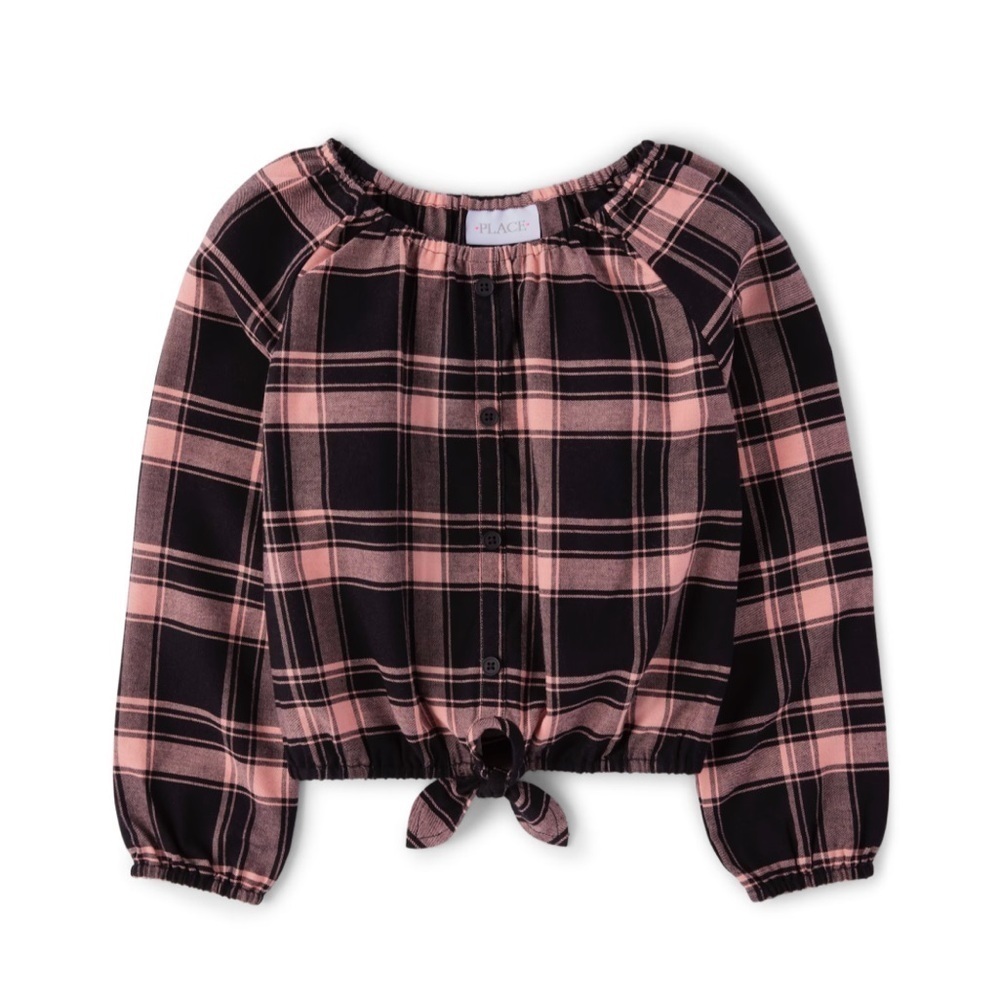 Girls Long Sleeve Plaid Tie Front Top The Children's Places S. M Pink and Black